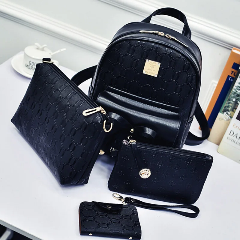 4pcs Women Bag Size Preppy Style Boys Girls Leather Backpacks Casual Travel Shoulder Bag Wrist Bag