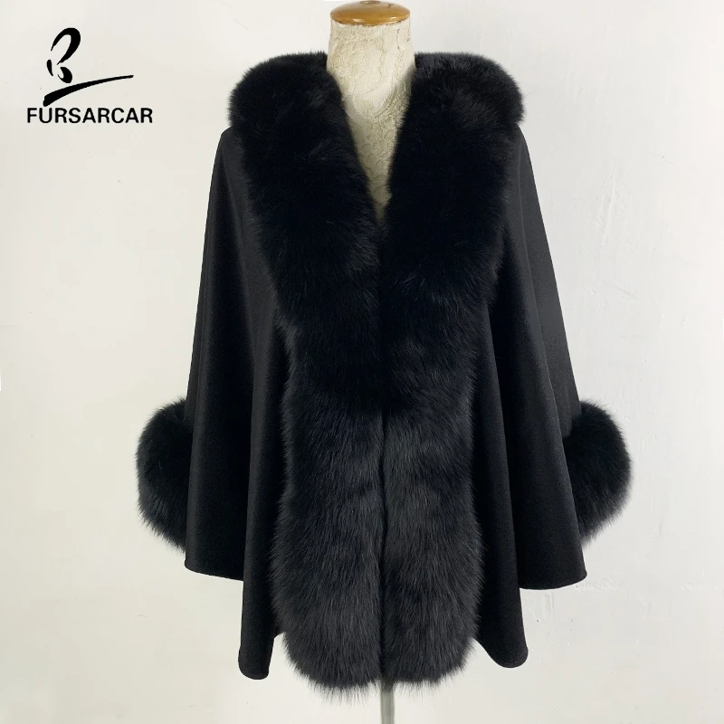 FURSARCAR 2020 Новая женская черная шерстяная накидка с большим натуральным лисьим
