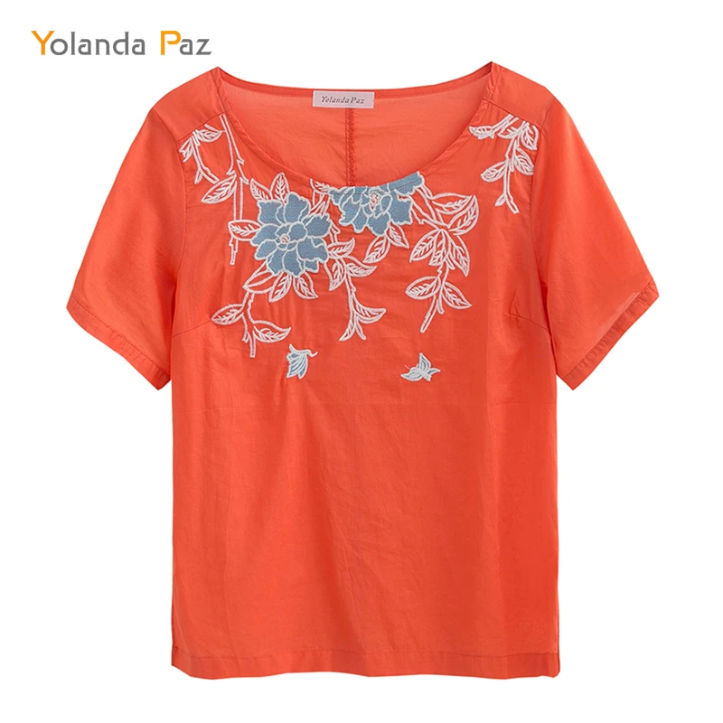 

Yolanda Paz Summer Ultra-thin breathable women shirts blouses Orange color Casual Floral Embroidered Short Sleeve O-neck Tops