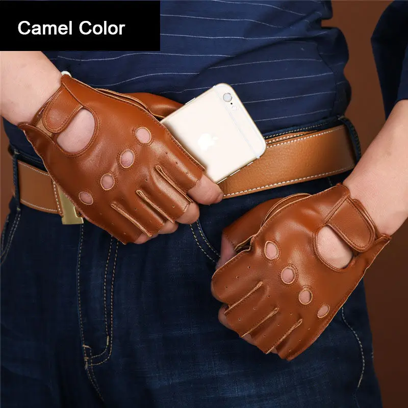 Semi-Finger Genuine Leather Gloves Male Summer Thin Breathable Driving Anti-Slip Fitness Half Fingers Goatskin Gloves NAN7