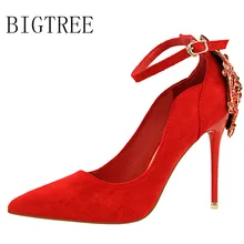 

BIGTREE 2018 Shoes Woman Pumps Buckle Strap Pointed Toe Suede Crystal Stiletto High Heels Party Wedding Dress Office Women Shoes