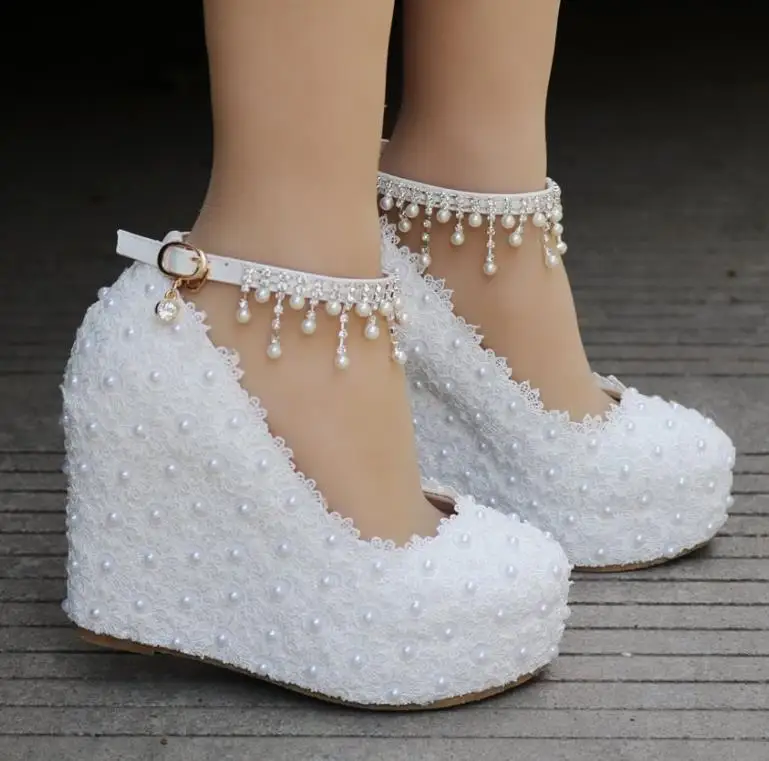

New wedge with single shoes platform women's shoes increased spring high heel lace flower + beaded chain shoes