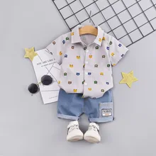 Летняя одежда для маленьких мальчиков; модная детская одежда; костюм из рубашки с принтом+ джинсовых шорт; одежда для детей