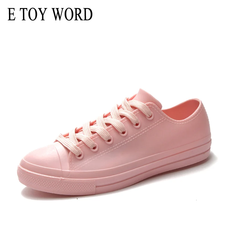 

E TOY WORD korean shoes Rain Shoes Woman Pink Flats Shoes Waterproof Spring autumn Female Casual Shoes Rubber Rain Boots Size 40