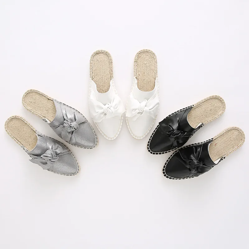 

2019 girls Europe America mueller shoes bow lazy flat-bottomed handmade straw-woven linen slippers flip flops women Yasilaiya