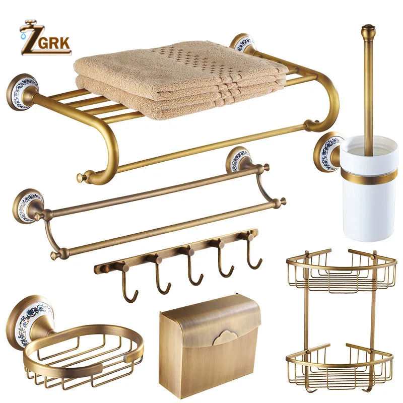 

ZGRK Antique Bathroom Blue and White Porcelain Accessories Carved Copper-Alloy Hardware Set Wall Mounted Bathroom Hardware Kit