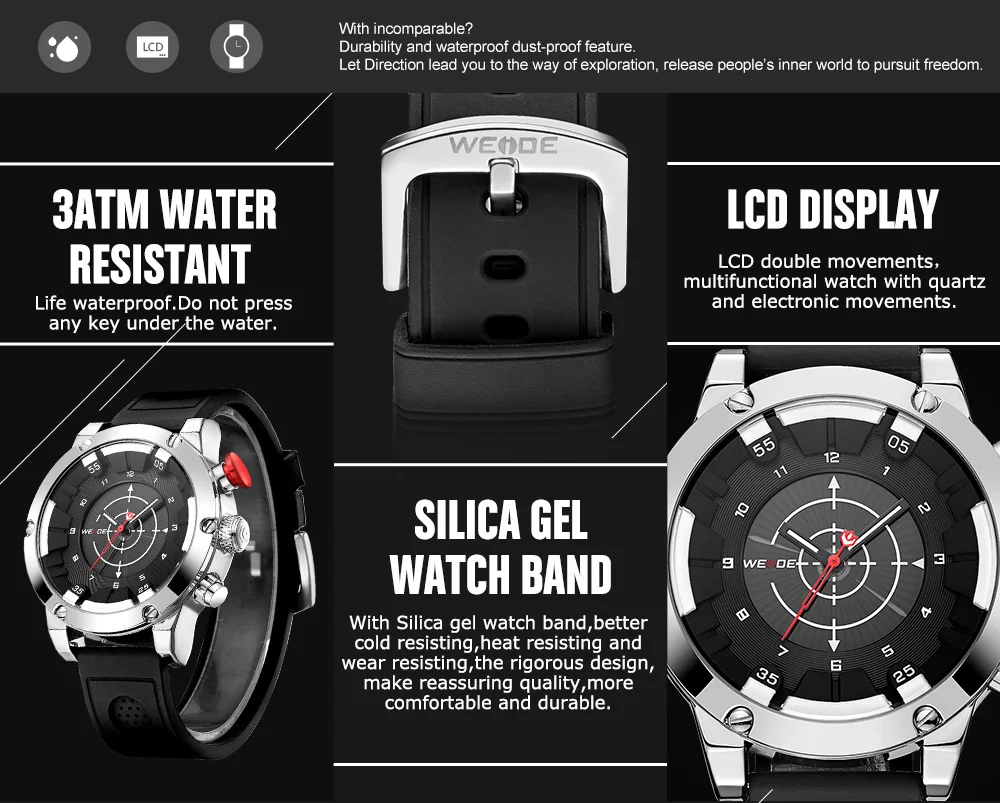 Новинка, Брендовые мужские часы WEIDE, спортивные часы, мужские, для улицы, задний светильник, аналоговый lcd цифровой дисплей, кварцевые, силиконовый ремешок, пряжка