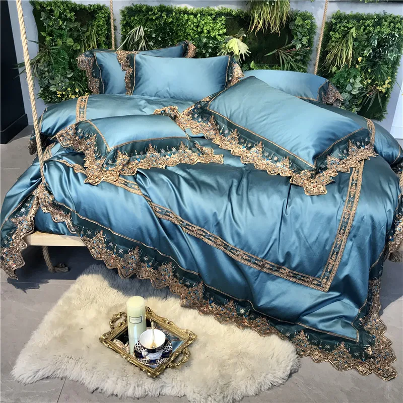 

blue Luxurious European Style Lace Embroidery 100s Egyptian Cotton Bedding Set Duvet Cover Bed Linen Bed sheet Pillowcases 4Pcs