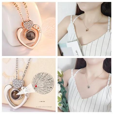 I Love You 100 Languages Projection Necklace Heart Pendant Gold Silver Romantic Love Memory Wedding Necklace Valentine Gift New