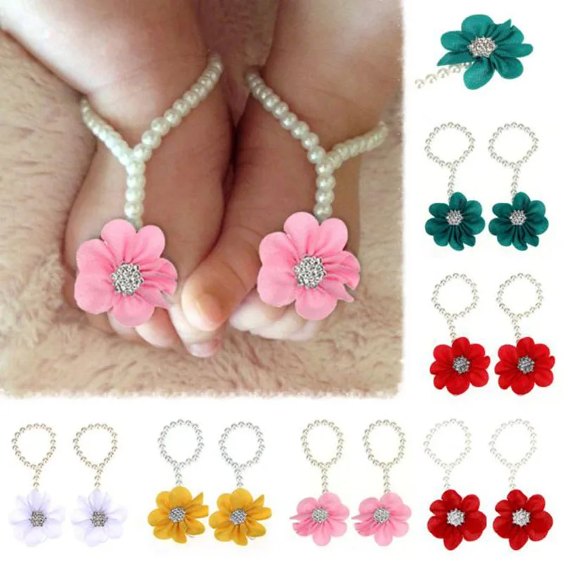 

Hot Sale Beautiful Pearl Chiffon Barefoot Infant Children Kids Foot Flower Beach Sandals Summer Shoes Wholesale Sandals Clogs