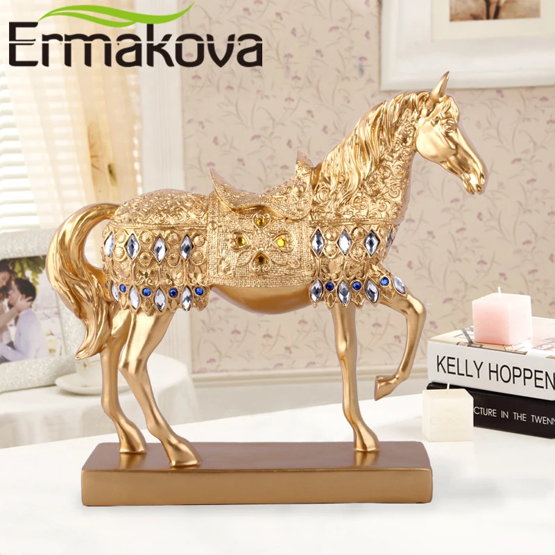 

ERMAKOVA Resin Golden Trotting Horse Statue Animal Sculpture Horse Figurine Miniature Home Office Decor