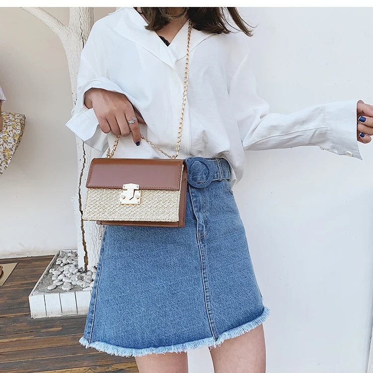 Маленькая квадратная сумка с Откидывающейся Крышкой, летняя модная Новая высококачественная Соломенная женская дизайнерская сумка с замком и цепочкой, сумки через плечо