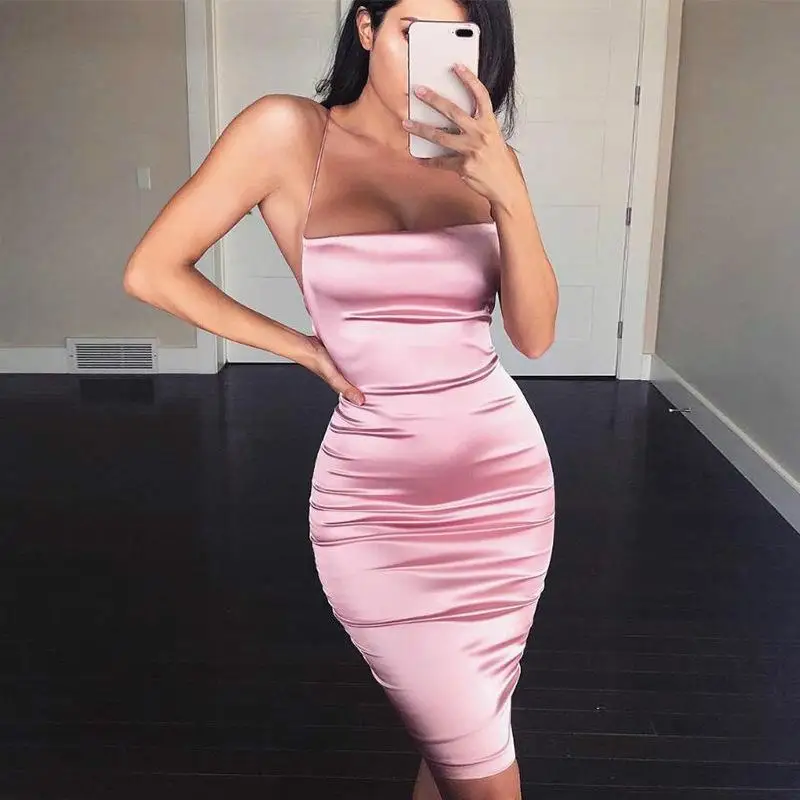 

Summer Sexy Sleeveless Dress New Strap Satin Bandcon Dress Women Backless Bandage Pencil Casual Short Beach Party Dress A286