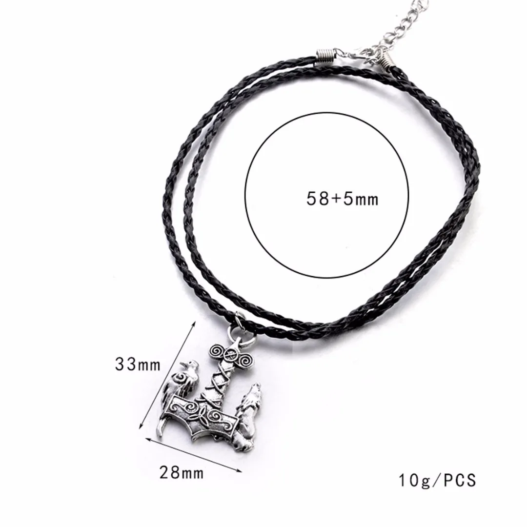 Nordic Viking Wolf & Raven Bird Ancient Jewelry Black Leather Necklace