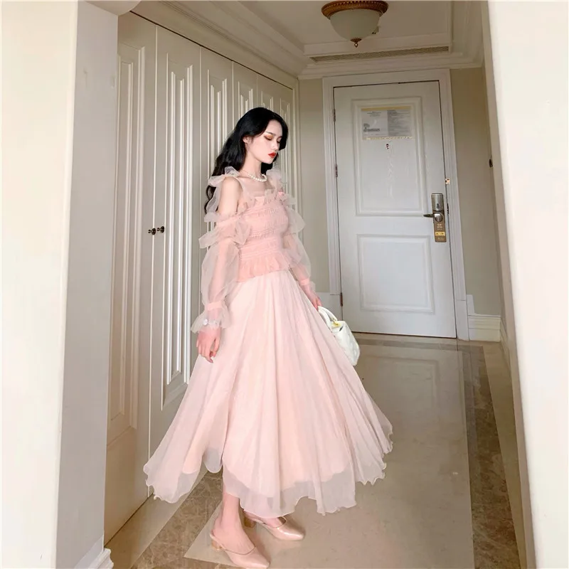 

Sexy Two Piece Women Summer Dress Sets Outfits Puff Sleeve Cold Shoulder Mesh Shirts&A Line Skirt Sets Pink Fairy Dress Suits