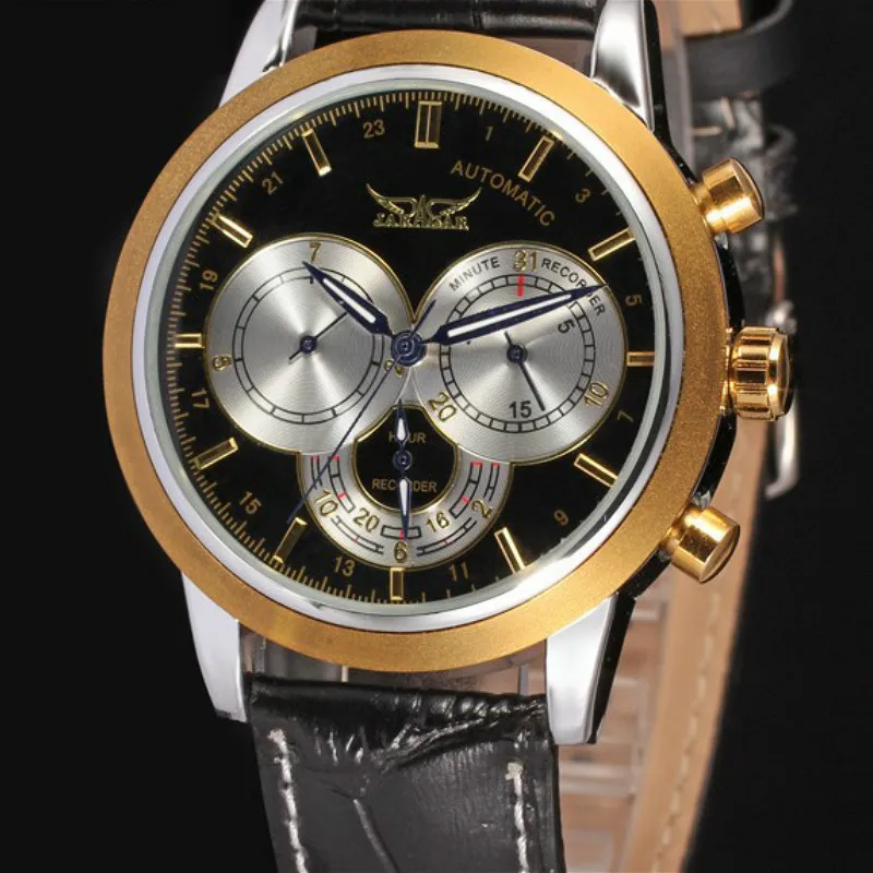 

Jargar Automatic Men Watch Black Genuine Leather Strap Mechanical Wristwatches Silver Color with Gift Box