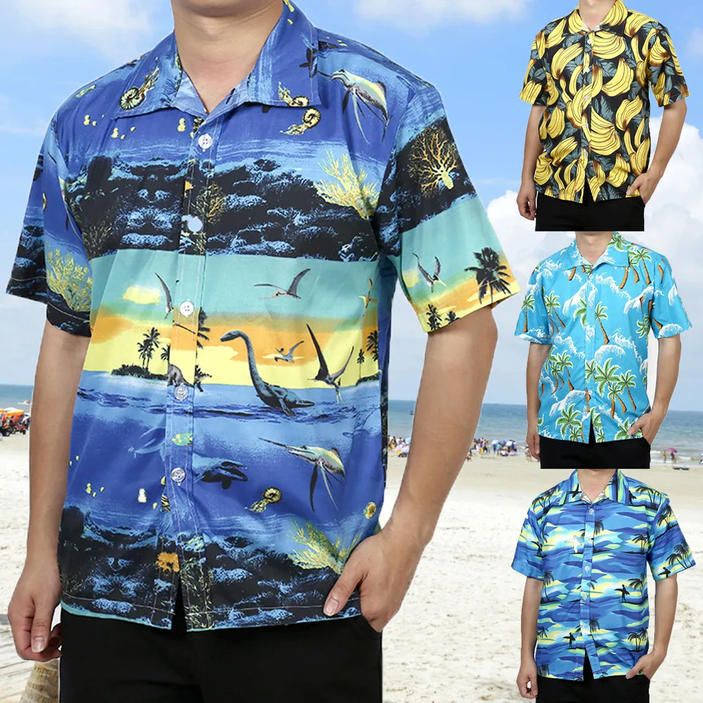 Shirts for Men Plus Size,POTO Mens Casual Button Down Shirt Short Sleeve Printed Hawaiian Shirts Summer Leisure Tops Blouse