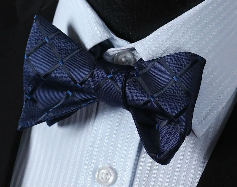  BC423V Navy Blue Check 100%Silk Jacquard Woven Men Butterfly Self Bow Tie BowTie Pocket Square Hand