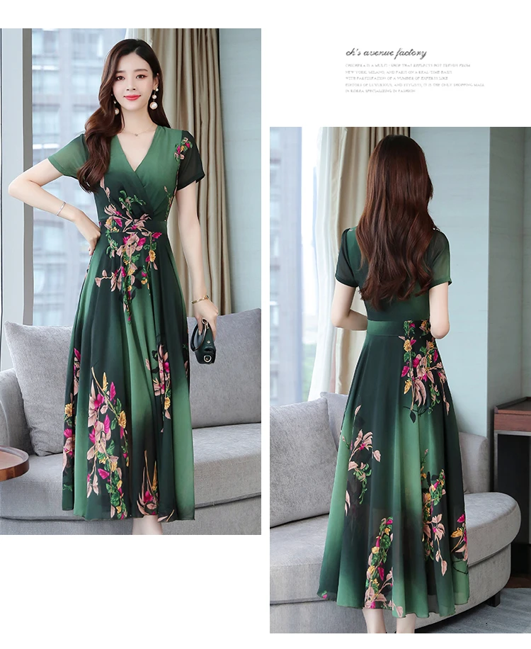 Loose Large Size Beach Vacation Dress New Arrival Print Chiffon Dress V Neck Fashion Elegant midi dress Casual korean dress