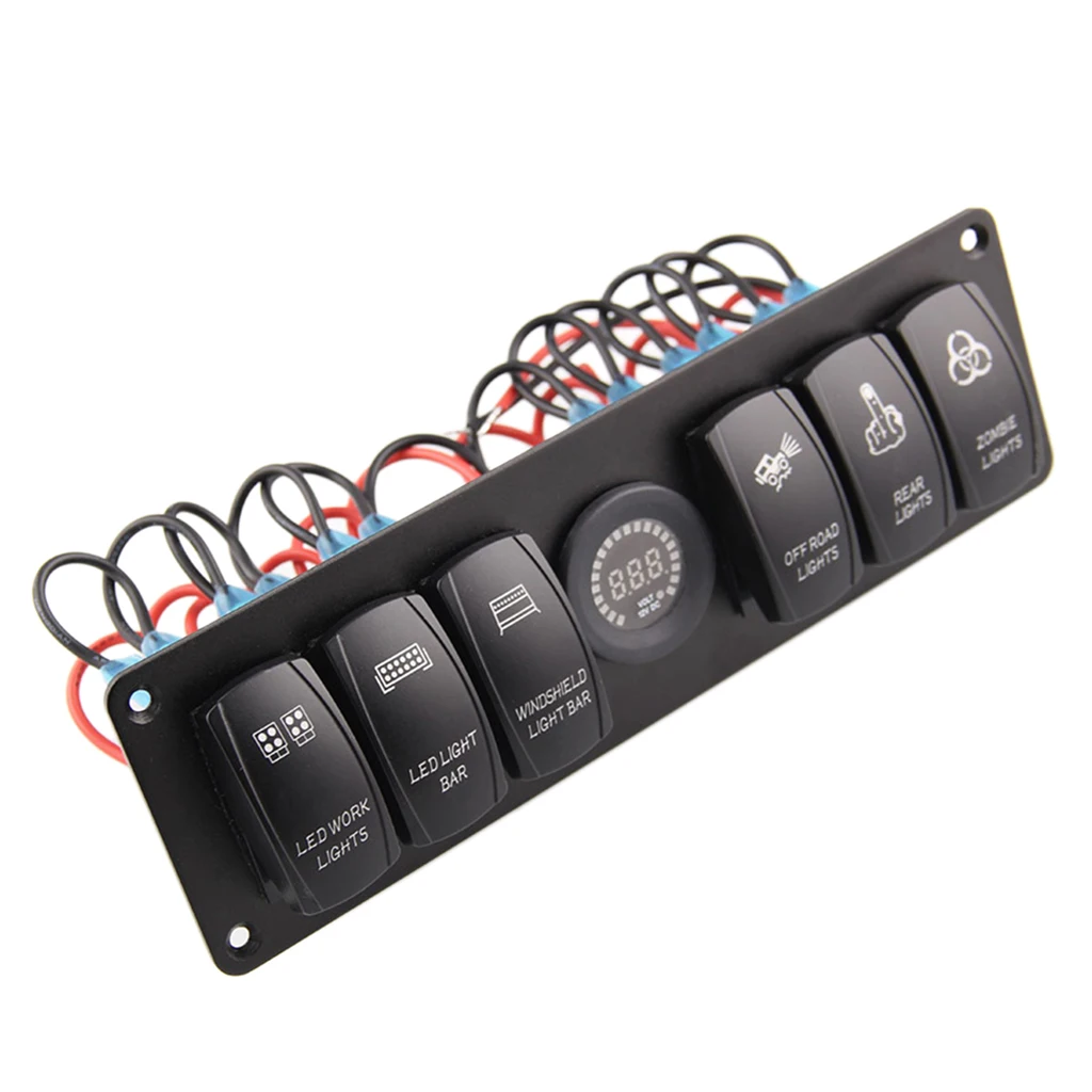 6 Gang Car Marine Boat Circuit RV LED Toggle Rocker Switch Panel Breaker Voltmeter for RV Car Boat Colorful Light