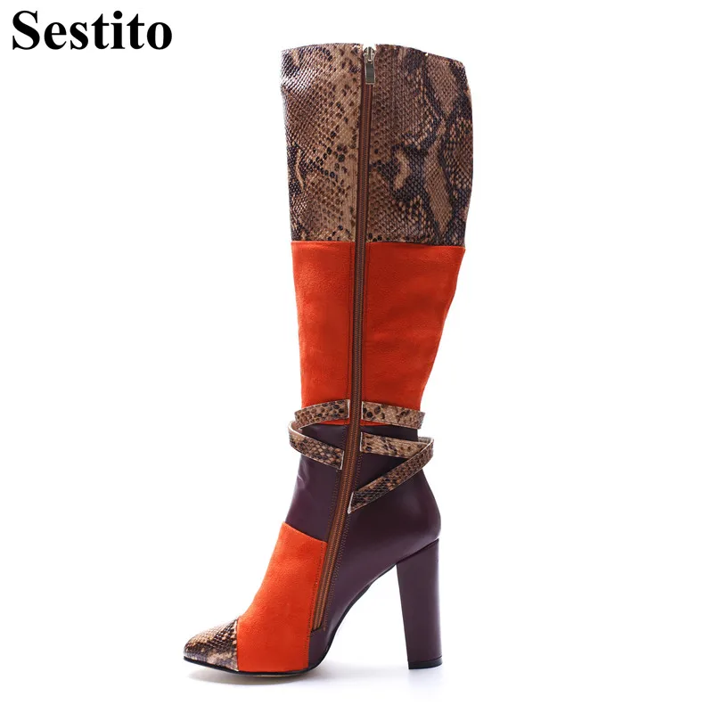

European Patchwork Flock Snake Pattern Woman Boots Round Toe Super High Heel Knee-High Boots Women Hoof Heels Zip Women Shoes