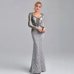 Серый 2019 Мать платье-Русалка для невесты v-образным вырезом с длинными рукавами кружева бисером длинное свадебное платье Мать платье для