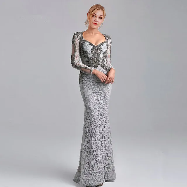 

Gray 2019 Mother Of The Bride Dresses Mermaid V-neck Long Sleeves Lace Beaded Long Wedding Party Dress Mother Dress For Wedding