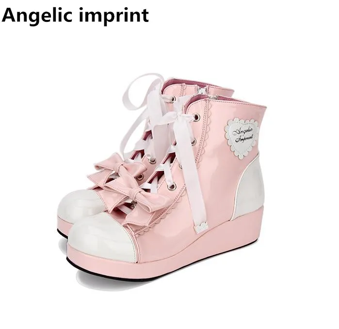 

Angelic imprint mori girl Women platform shoes lady lolita ankle Boots woman princess low heels pumps short boots lace up riband