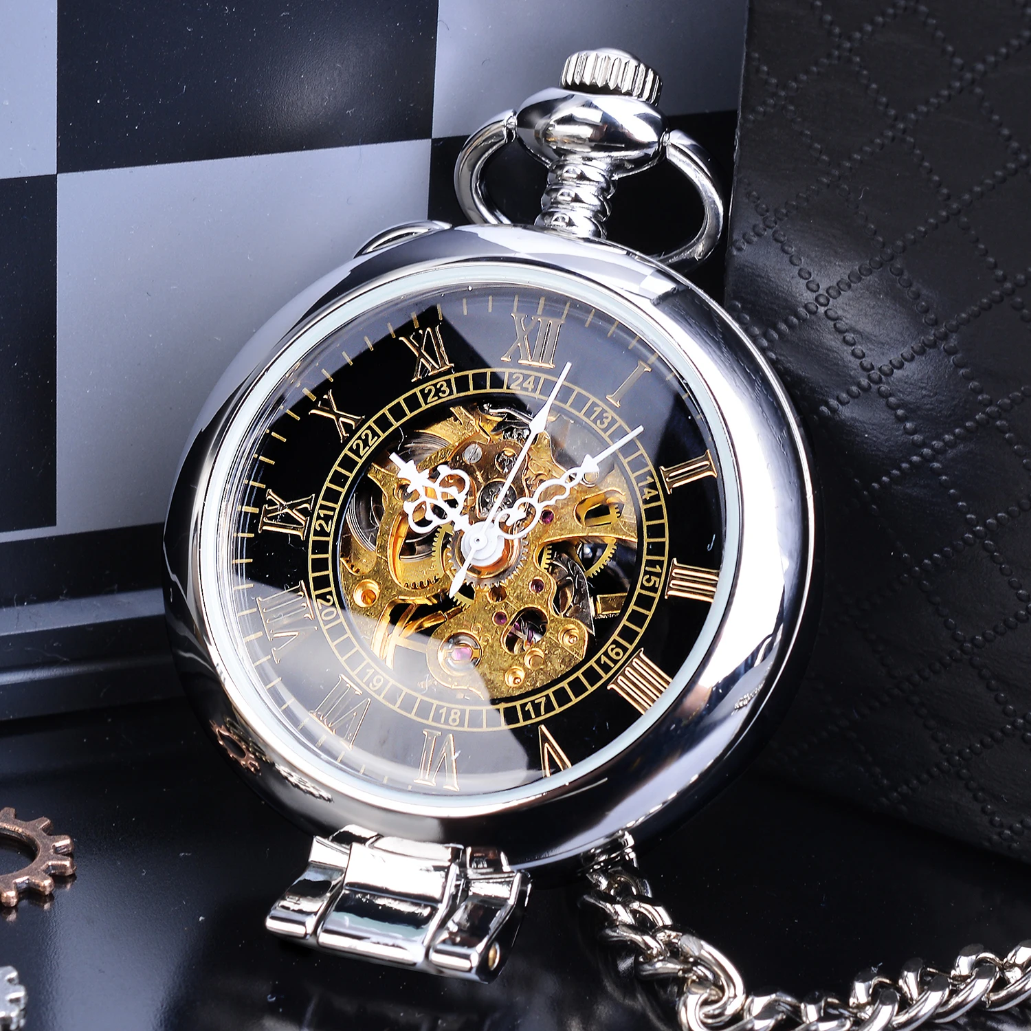 Silver Steampunk Stand Case New Design Clock Mechanical Men Pocket Watch Transparent Skeleton Back Roman Numerals 5