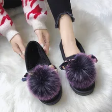Модные меховые лоферы с круглым носком для женщин; теплые лоферы из флока и плюша с вышивкой; однотонная Повседневная элегантная обувь на плоской подошве без застежки