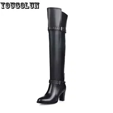 YOUGOLUN Winter Women Over The knee Boots Genuine Soft Leather Sexy Thigh High Thick Heel Boots Fashion Black Boots Buckle Shoes