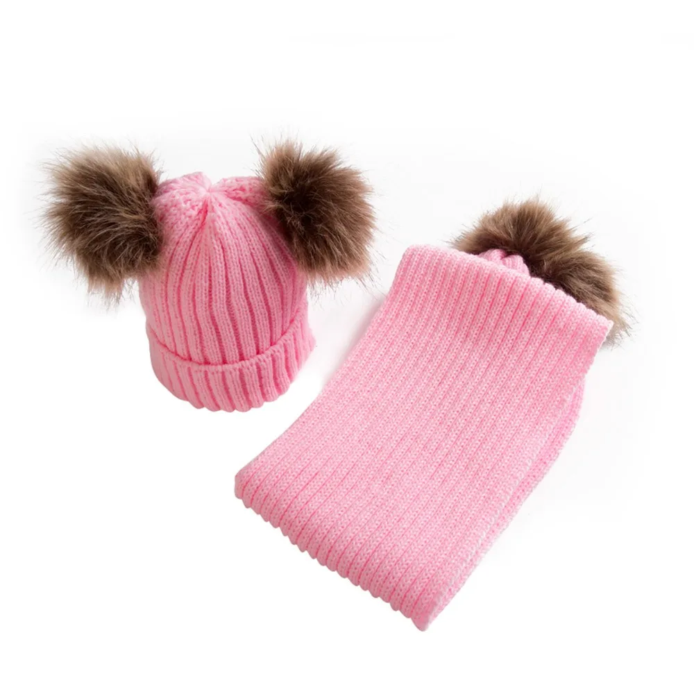 Puseky/зимняя теплая детская шапка-кукла, милая шапочка, шапка с большим меховым помпоном, вязаная крючком шапка-ушанка для мальчиков и девочек, шарф+ шапка, один комплект