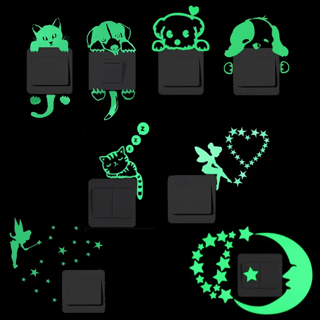 Funny Cat Dog Switch Stickers Glow In The Dark Wall Mural Art Kids Room Home Decoration Fairy Star Moon Luminous Pvc Wall Decals 1
