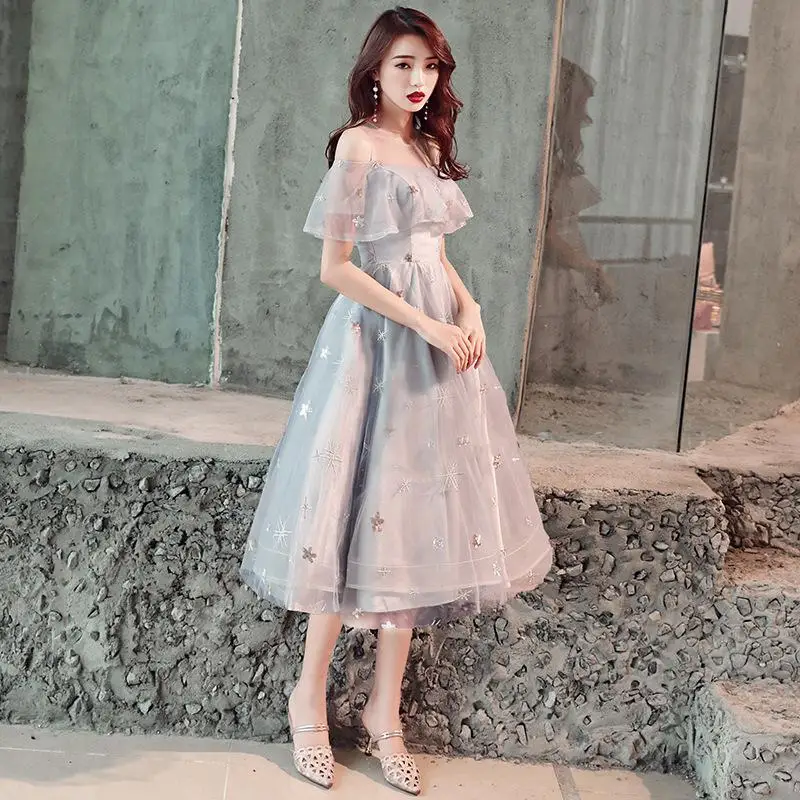 Rhinestone Exquisite Women Mesh Dress Elegant Bride Wedding Party Cheongsam Flare Sleeve Retro Gown Off Shoulder Robe De Soiree - Цвет: Gray Mid