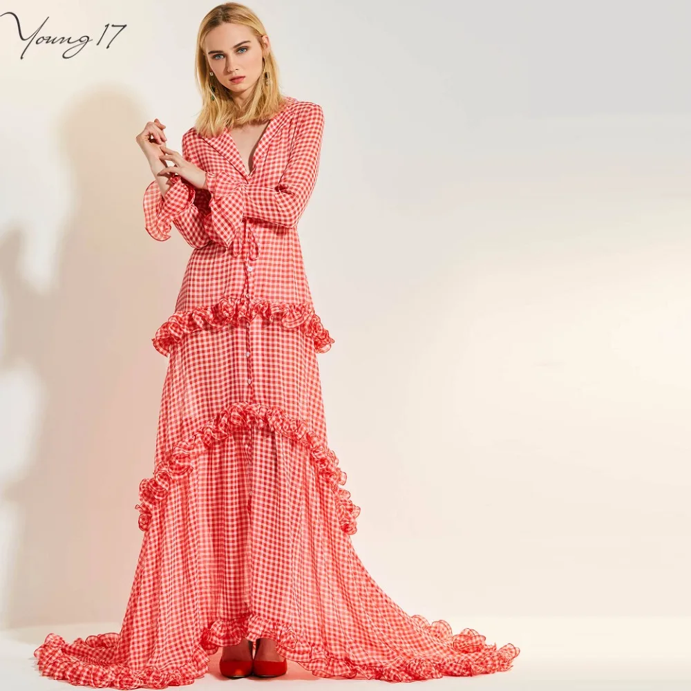 

Autumn Winter Long Sleeve Red Plaid Dress Layered Asymmetrical Ruffle Women Sexy Lapel Deep V Neck Party Long Maxi Dresses Gown