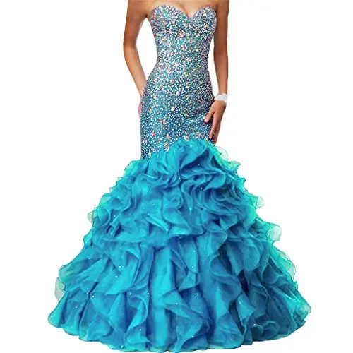 

Crystals Long Mermaid Ruffles Beaded Sweetheart Corset Formal Prom Evening Dresses Custom Made Evening Dress For Women Elegant