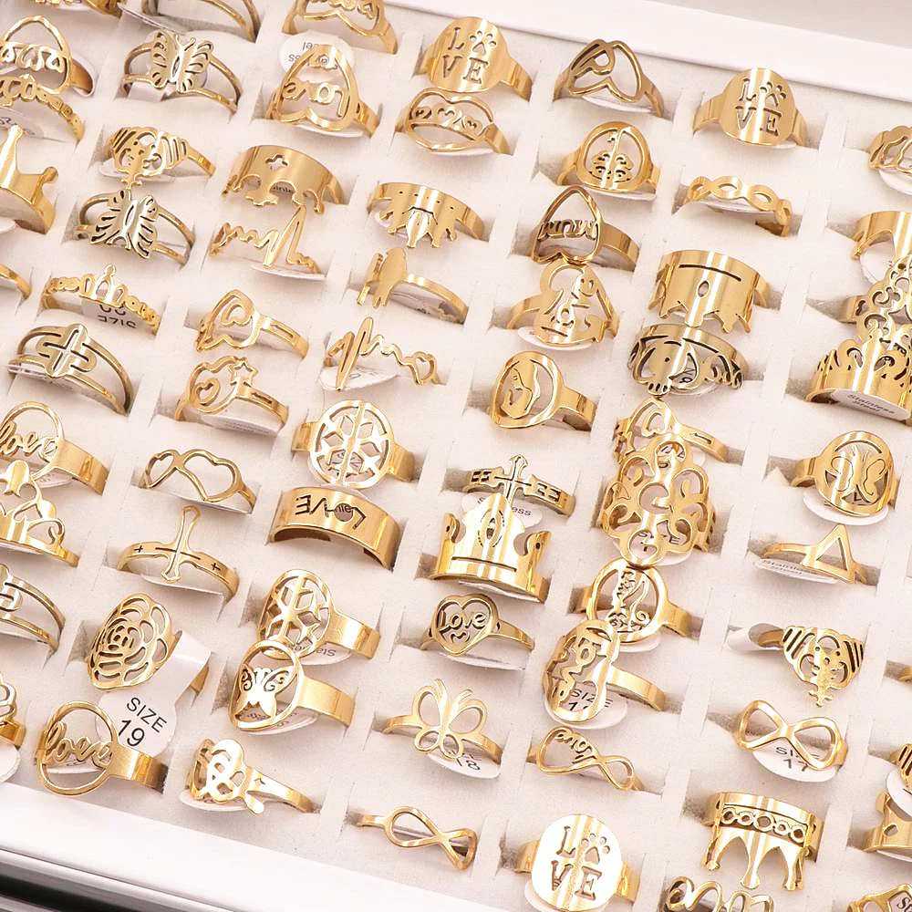 

50Pcs/lot Mix Random Style Laser Cut Pattern Golden Color Stainless Steel Rings Women Party Ring