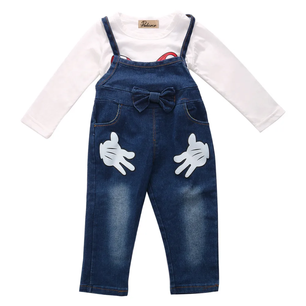 2017 Hot Toddler Girls Baby 0 Neck T shirt and Bib Denim Pants Outfits Set Clothes