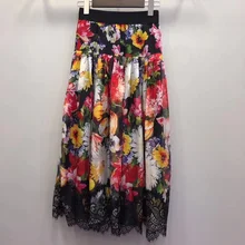 Для женщин девушки взлетно-посадочной полосы бренд fahsion шифоновая юбка с цветами Черная кружевная окантовка низ гофрированные длинные юбки лето-весна