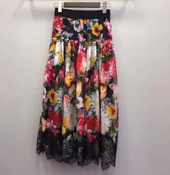 Для женщин девушки взлетно-посадочной полосы бренд fahsion шифоновая юбка с цветами Черная кружевная окантовка низ гофрированные длинные