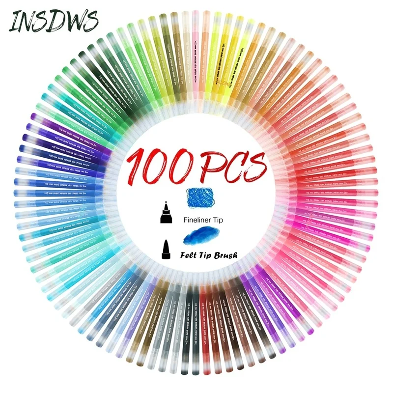 

100 Colors Dual Tip Brush Pen Fineliner Tip and Brush Tip Markers Pens for Painting Drawing Coloring Art Supplies Stationery