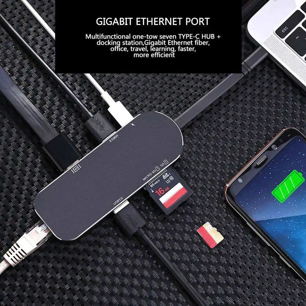 

7-in-1 Multifunction USB-C Hub Type C to HDMI 4K Video RJ45 Gigabit Ethernet USB 3.0 Hub SD TF Card Reader SL@88