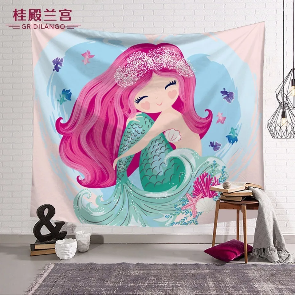 

Customized Pink Mermaid Princess Tapestry Wall Hanging Carpet for Girls Gifts Printed Bed Sheet Table Cloth Play Mat Home Decor