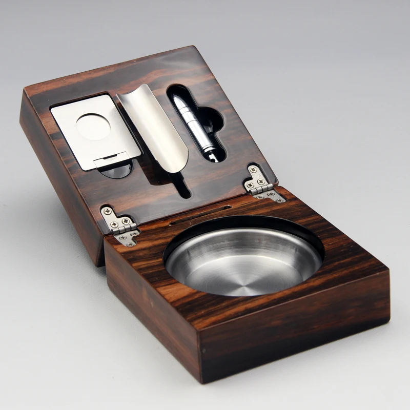 Portable Foldable Stainless Steel Smoke Cigar Ashtray with Cigar Cutter Cigar Soco Soild Wooden