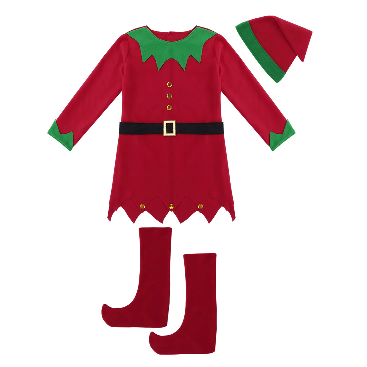 TiaoBug женский Рождественский костюм платье с длинными рукавами и шляпой, ремень, обувь, комплект для взрослых, Женский эльфийский костюм, Рождество, косплей, вечерние платья