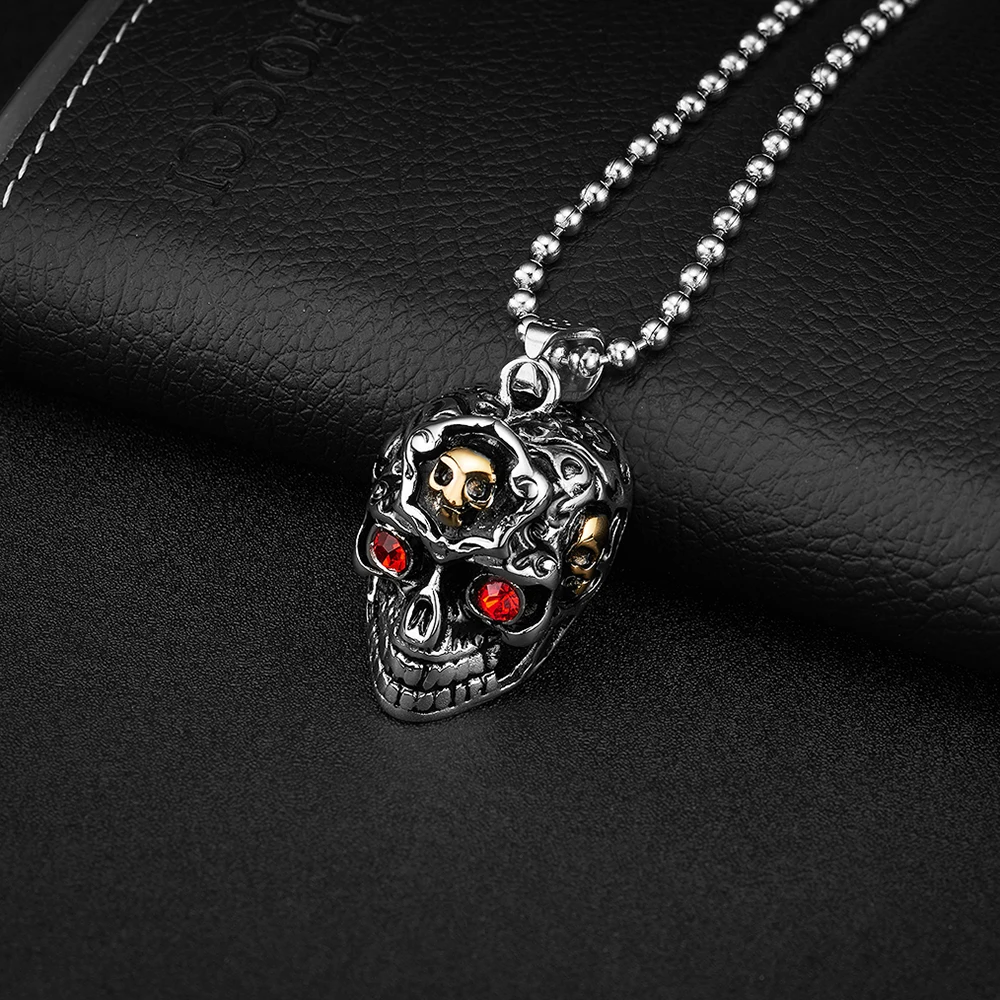 

Cool Biker Punk Skull Necklace Stainless Steel Black Skeleton Pendant for Men Jewelry With 24 inch Chain
