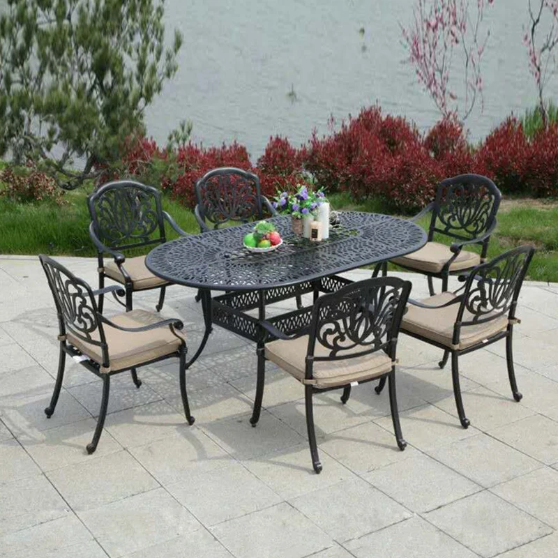 Outdoor Indoor Dining Set All Weather An rust garden Cast Aluminum Furniture Oval Table With 6 Chairs Metal Furniture 7 Pc Sets Garden Furniture Sets AliExpress