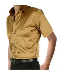 Серебряный шелк короткая рубашка гладкая атласная Мужская сплошной смокинг рубашки бизнес тапочки мужские повседневные узкие блестящие