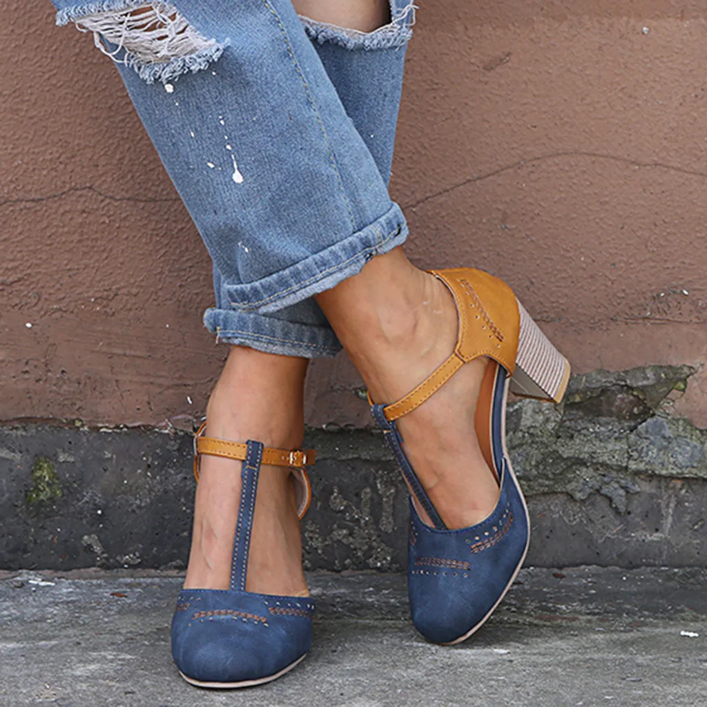 Туфли-лодочки женская обувь на платформе в римском стиле с круглым носком, с ремешком и пряжкой; женская обувь на толстом высоком каблуке; sandalias mujer; ; sapato feminino# N3