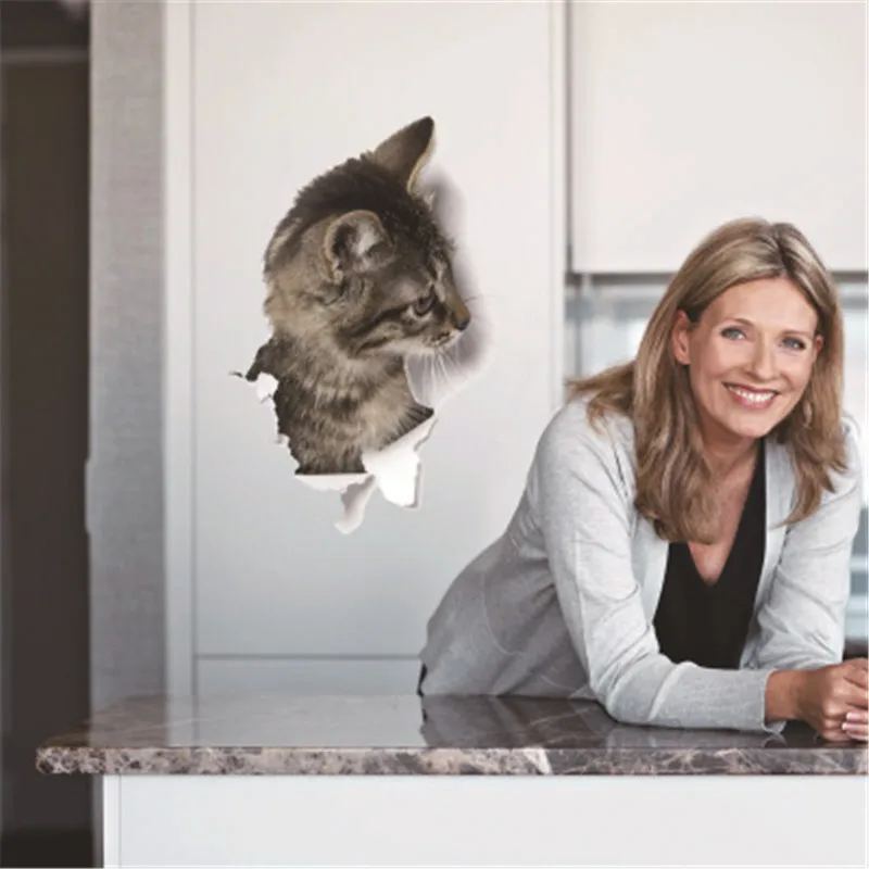 Funny Cat 3D Wall Sticker For Kids Room Home Decor Bathroom Toilet Kitchen Refrigerator Decal Mural Muraux | Дом и сад